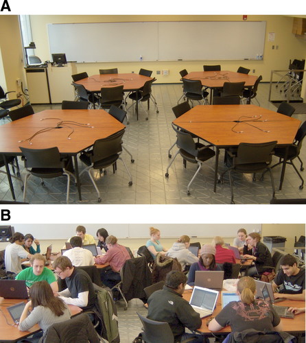 Photos of hexagonal tables without and with students seated around them